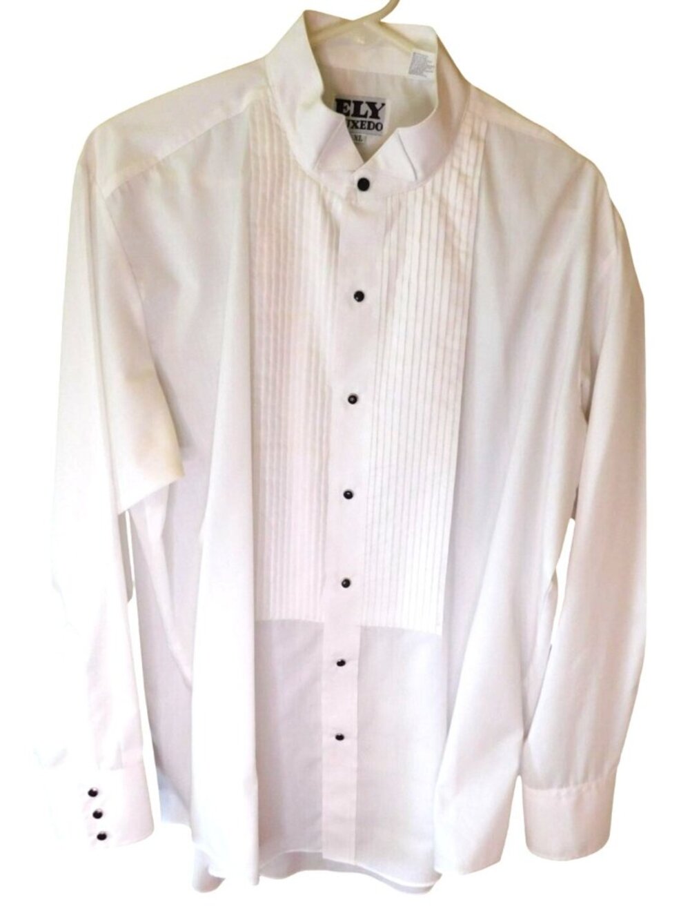 ELY Tuxedo XL White Pleated Formal Dress Shirt Black Stud Snaps Long Sleeve